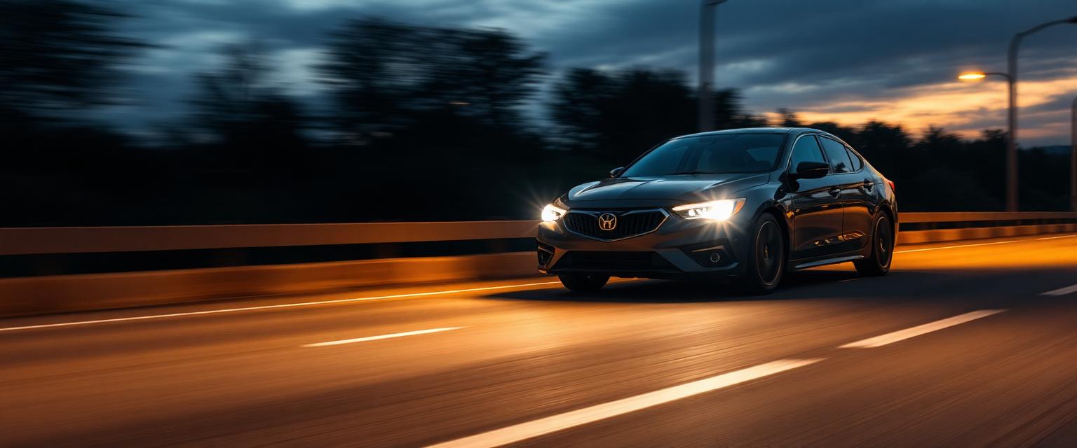Sedan driving on the highway at dusk